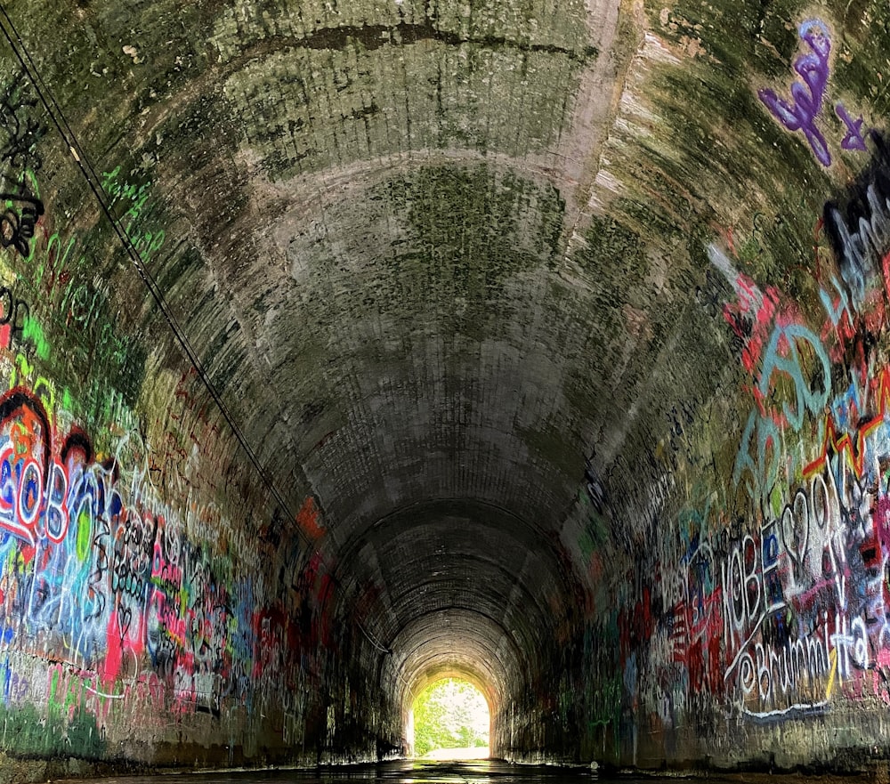 people walking on tunnel with graffiti