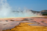 Wide angle photo of colorful Grand Prismatic Spring with steam rising