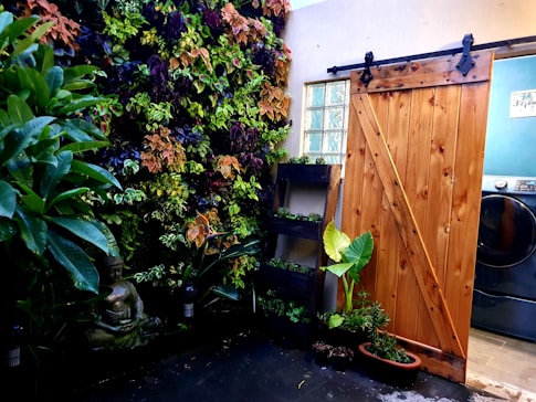 A cozy indoor space featuring a vertical garden with lush greenery and colorful foliage. A serene statue of a person sitting in a meditative pose is placed among the plants. A wooden sliding barn door is open, revealing a modern laundry room with a washing machine. Various potted plants are arranged on wooden shelves alongside the door.