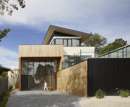 exterior of a contemporary home with slatted walls