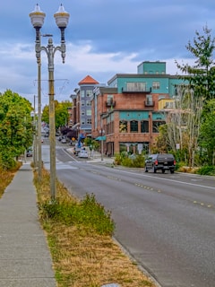 Street view of a tree-lined avenue with contemporary buildings and sidewalks.