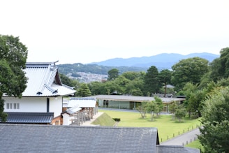 A serene landscape of a traditional heritage site surrounded by lush greenery.