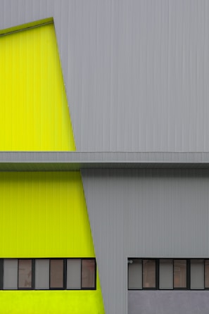A modern architectural facade featuring a combination of lime green and gray corrugated metal panels. The design includes a series of rectangular windows in a horizontal arrangement, providing a sleek and minimalist aesthetic.