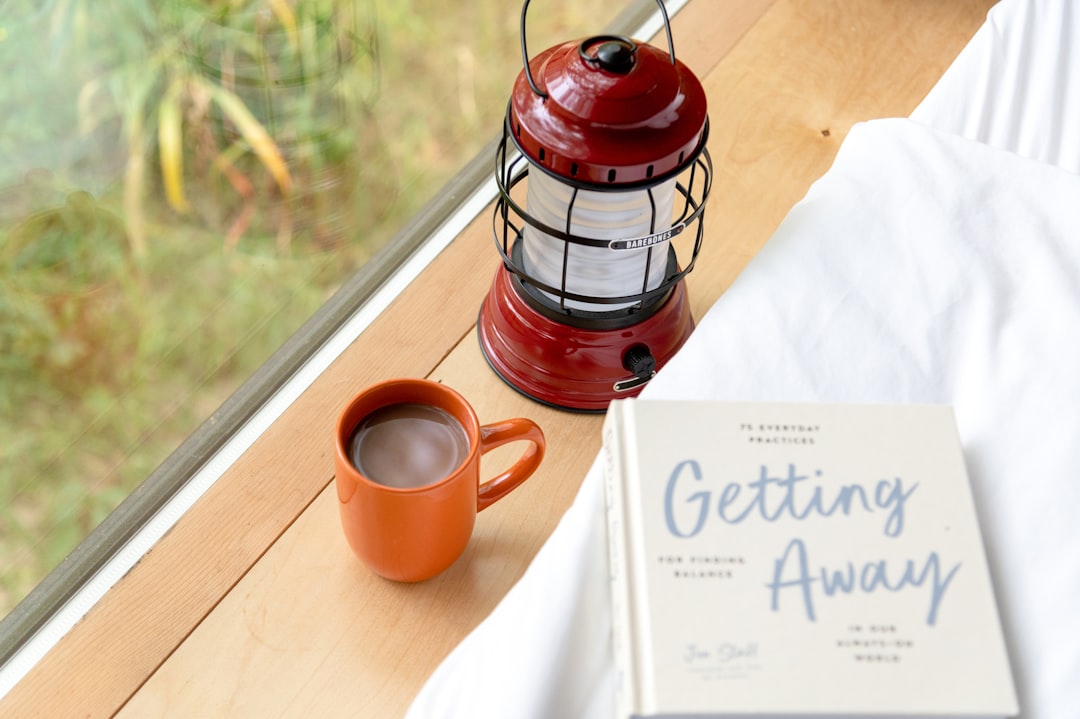 red and clear glass candle lantern beside orange ceramic mug on brown wooden table, Tiny cabin in the woods interior