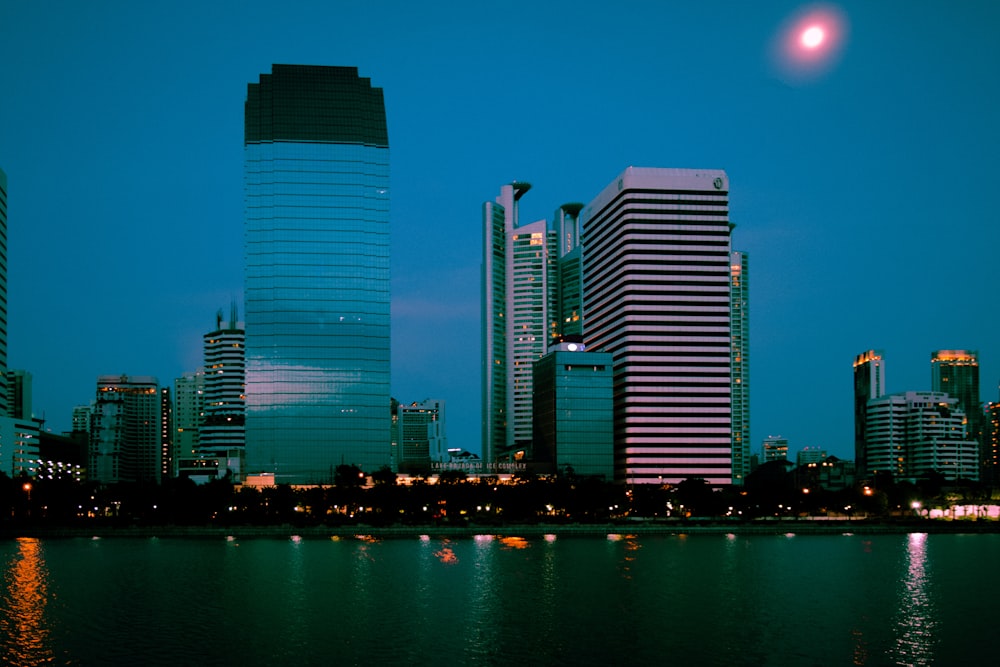 city skyline during night time