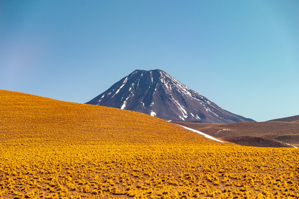 昼間の青空の下の茶色の砂と山