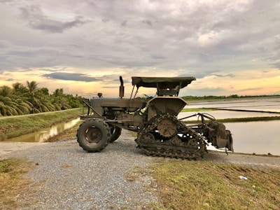 An agricultural tractor with caterpillar tracks is parked on a gravel path beside a rice field. The field is filled with water, reflecting the cloudy evening sky. Palm trees line the horizon, adding a tropical atmosphere to the rural setting.