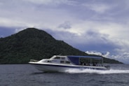 white and blue boat on sea near mountain under white clouds and blue sky during daytime