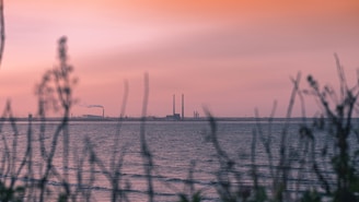 A scenic shot of the Pacific Northwest with industrial plants in the distance at sunrise.