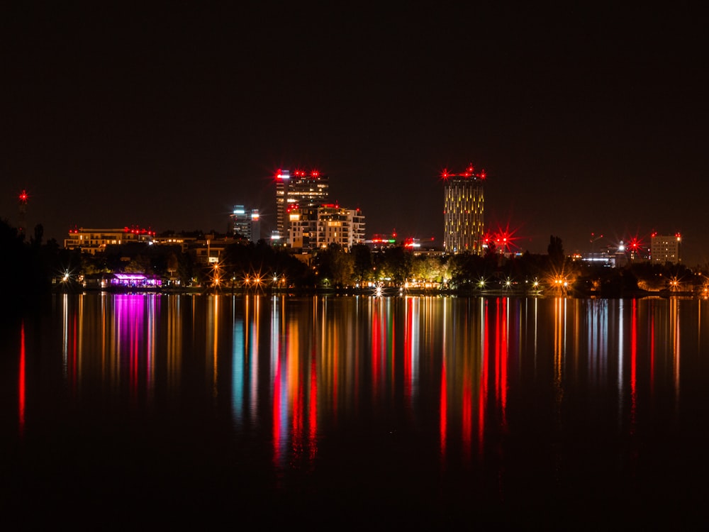 city skyline during night time