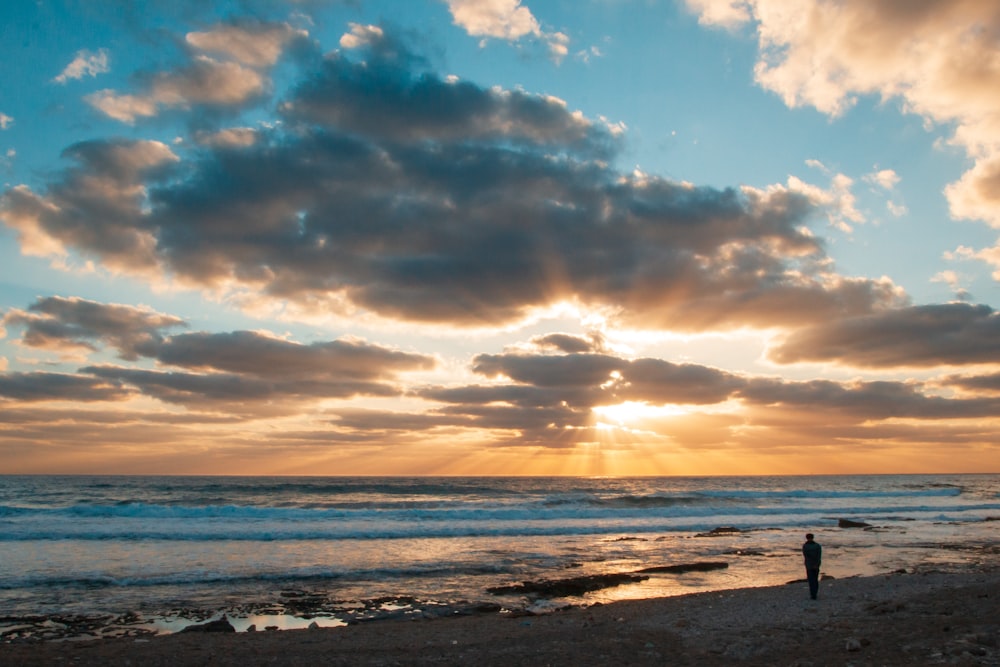 silhouette of person standing on beach during sunset