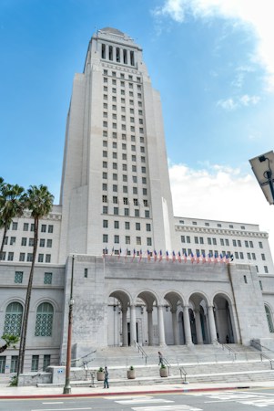 Modern civic government building exterior similar to the downtown Las Vegas Civic Plaza that will house the UNLV lease
