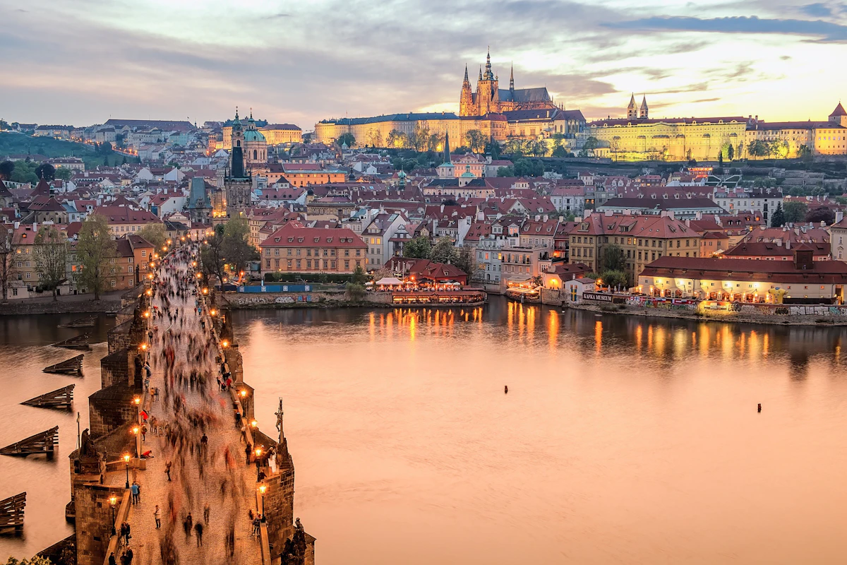 Vyšehrad Basilica of Sts. Peter and Paul with Neo-Gothic spires above the fortress walls and Vltava River
