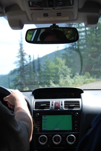 The interior of a car showing the driver's view with the steering wheel and dashboard visible. A person’s hand is on the steering wheel. The in-car navigation system is active and displaying a map on the screen. There are trees and greenery visible through the windshield, indicating an outdoor, possibly scenic, environment.