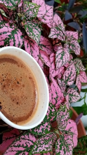 A cup of coffee is placed among a cluster of vibrant pink and green leaves. The leaves are large and show intricate patterns, with some parts shaded by other foliage. The coffee cup is white and the coffee appears freshly brewed with a foamy surface.