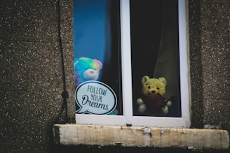 A window displays two teddy bears, one multicolored and one tan, sitting on a windowsill. Accompanying them is a sign that reads 'Follow Your Dreams.' The window is set in a rough-textured, dark wall.