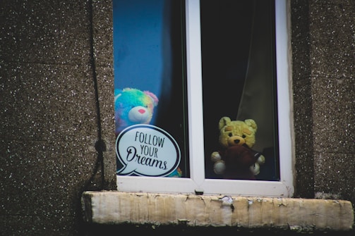 A window displays two teddy bears, one multicolored and one tan, sitting on a windowsill. Accompanying them is a sign that reads 'Follow Your Dreams.' The window is set in a rough-textured, dark wall.