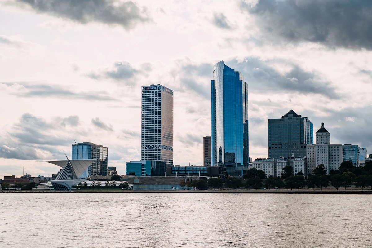 Downtown Milwaukee skyline seen across water from Veterans Park