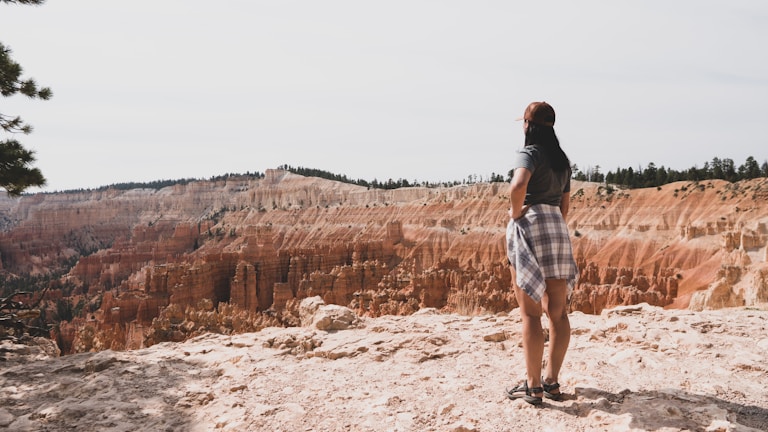 An adventurous traveler standing on a rocky cliff overlooking a vast canyon