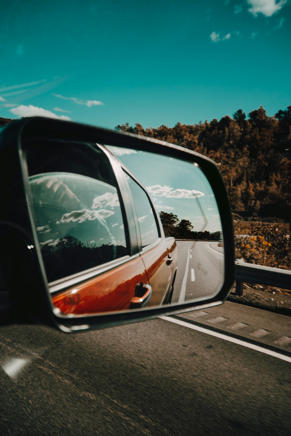 black car side mirror with brown and green trees in the distance