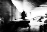 Dynamic black-and-white image from 'Jimmy on the Run' featuring urban street style.