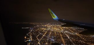 Nighttime cityscape viewed from an airplane window, bathed in soft blue light.