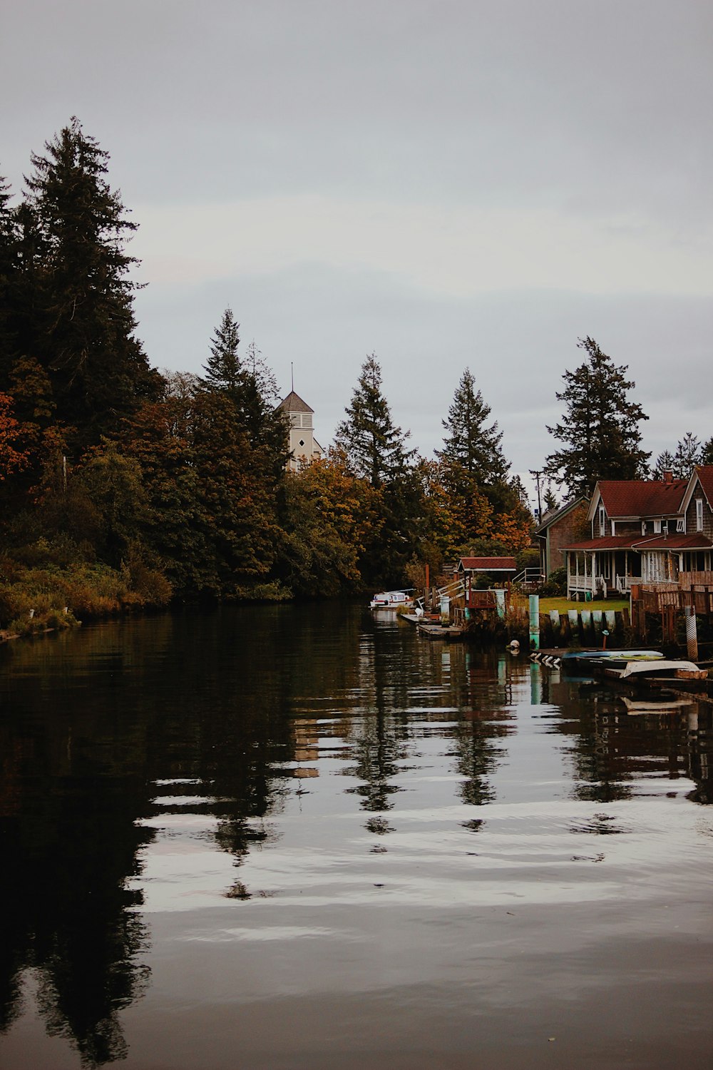 brown wooden house near lake surrounded by green trees during daytime