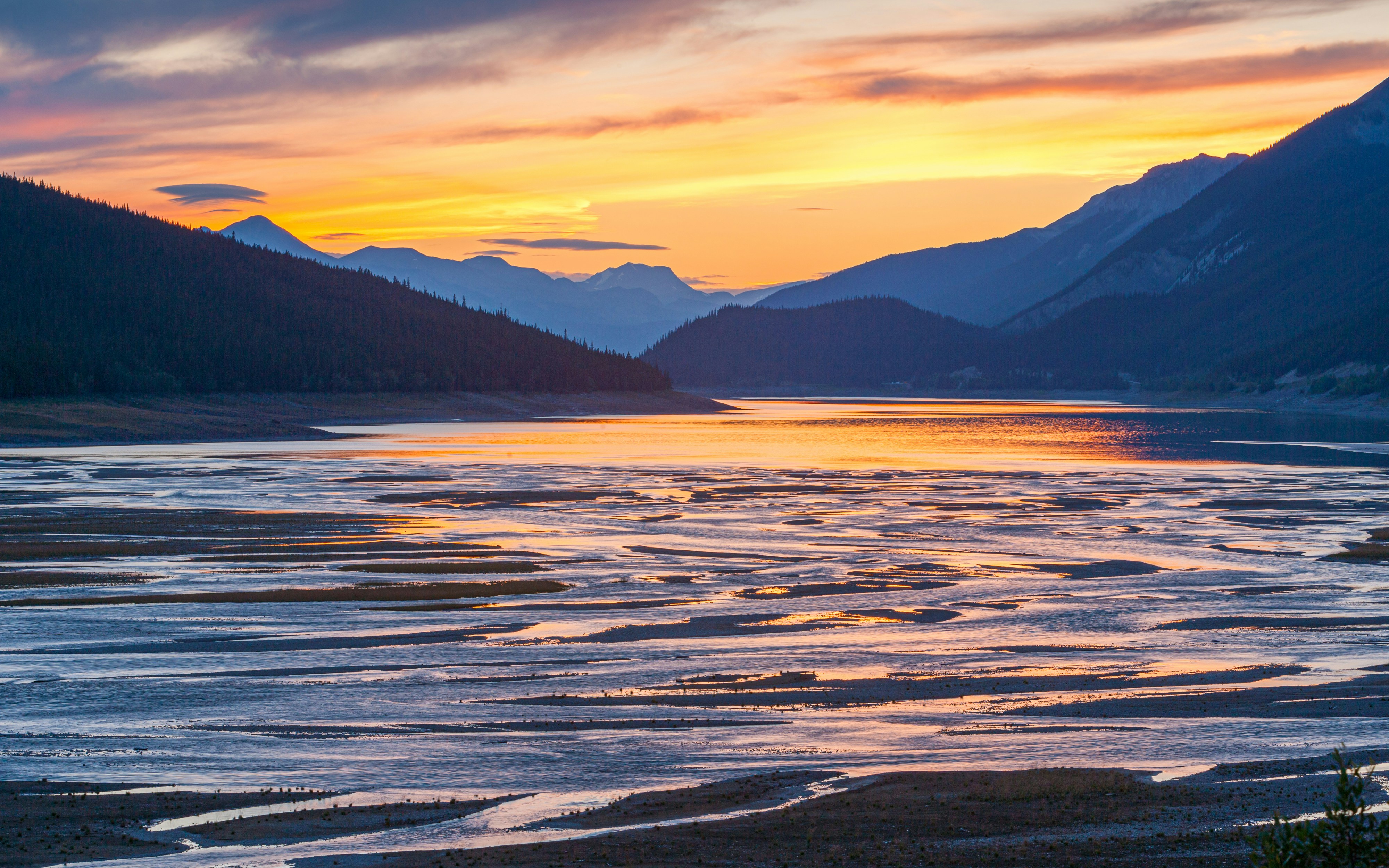 Sunset over a lake in Jasper National Park, Canada
