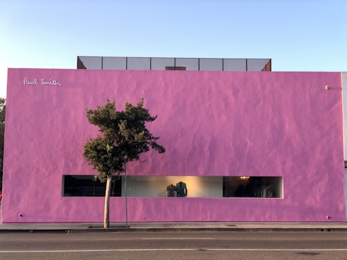 A large pink building with a minimalist design, featuring a narrow horizontal window display showcasing clothing. A single tree stands in front of the building on the sidewalk.