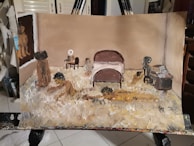 A textured painting depicting a room with various figures. In the foreground, a person is seated at a desk covered in papers. Another person sits on the floor near a bed, appearing to be focused or in thought. Shadows and abstract forms add depth to the scene.