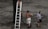 Two men are standing near a tall tree on an earthy terrain, with one man holding a ladder while another man with bare torso supports it. A third man is ascending the ladder, with only his legs visible as he climbs. The scene appears casual, with overcast colors and minimal background details.