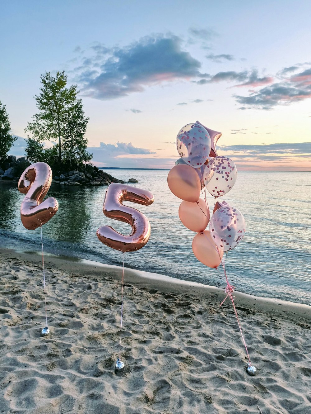 two brown and white heart shaped balloons on white metal rod near body of water during