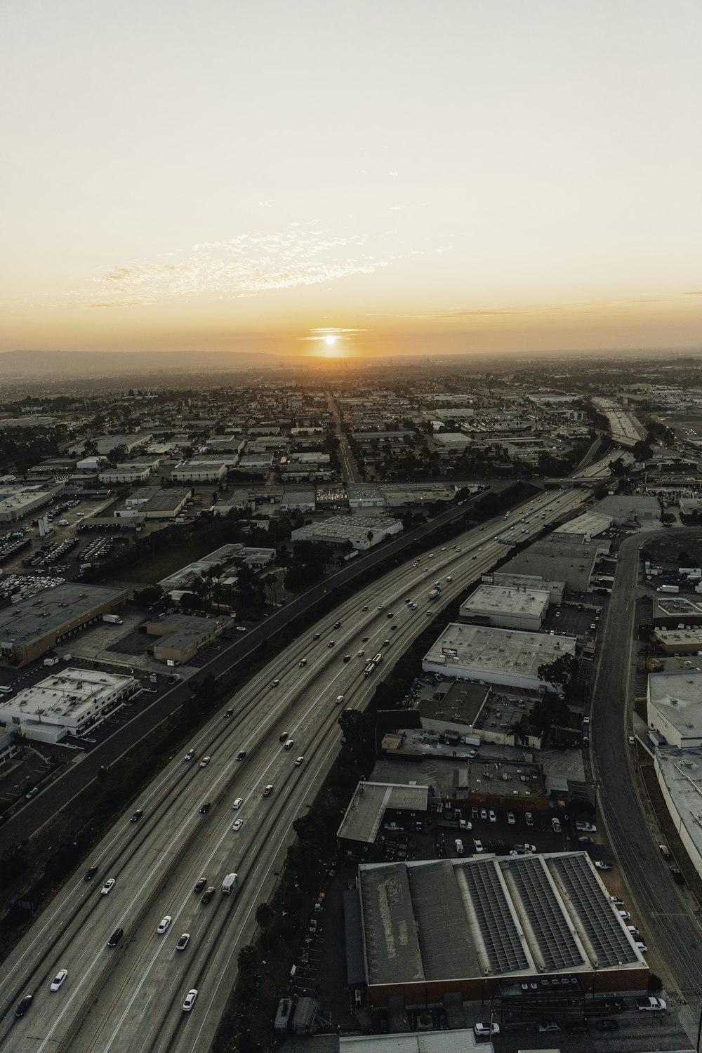 aerial view of city during sunset