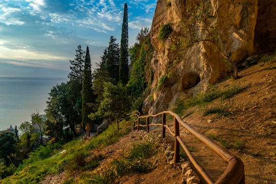 brown wooden staircase near green trees and body of water during daytime in Atrani Italy