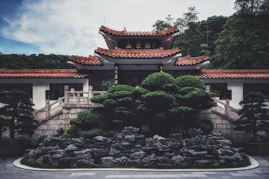 brown and white concrete building near green trees during daytime in Shenzhen Fairy Lake Botanical Garden China