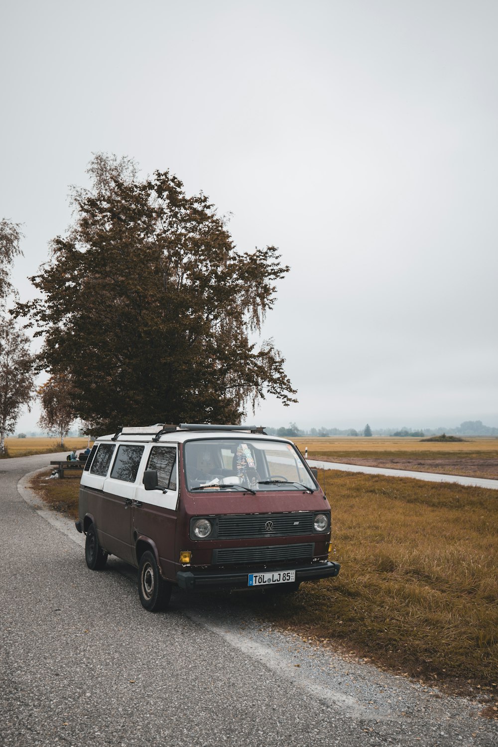 blue van on road near trees during daytime