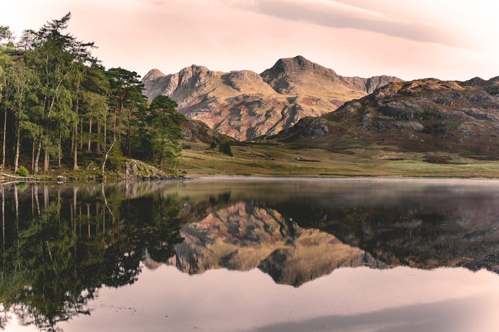 green and brown mountain beside lake under cloudy sky during daytime