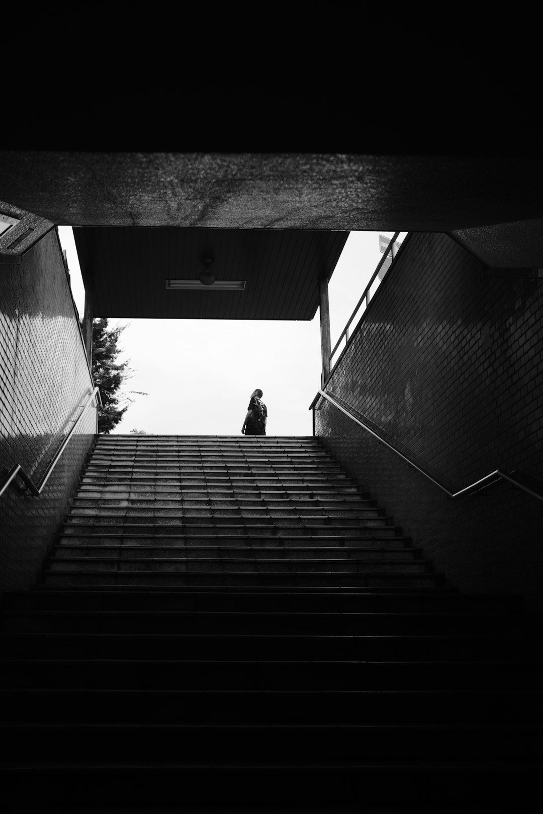 grayscale photo of person walking on stairs