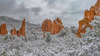 brown rocky mountain covered with snow under white clouds during daytime
