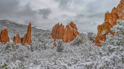 brown rocky mountain covered with snow under white clouds during daytime