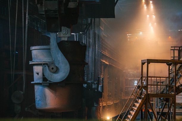 A dynamic factory scene showing advanced machinery sorting recycled metals under eco-green lighting.