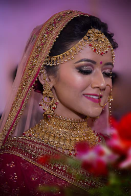 A close-up of a bride's glowing golden makeup and traditional saree draping with jasmine flowers.