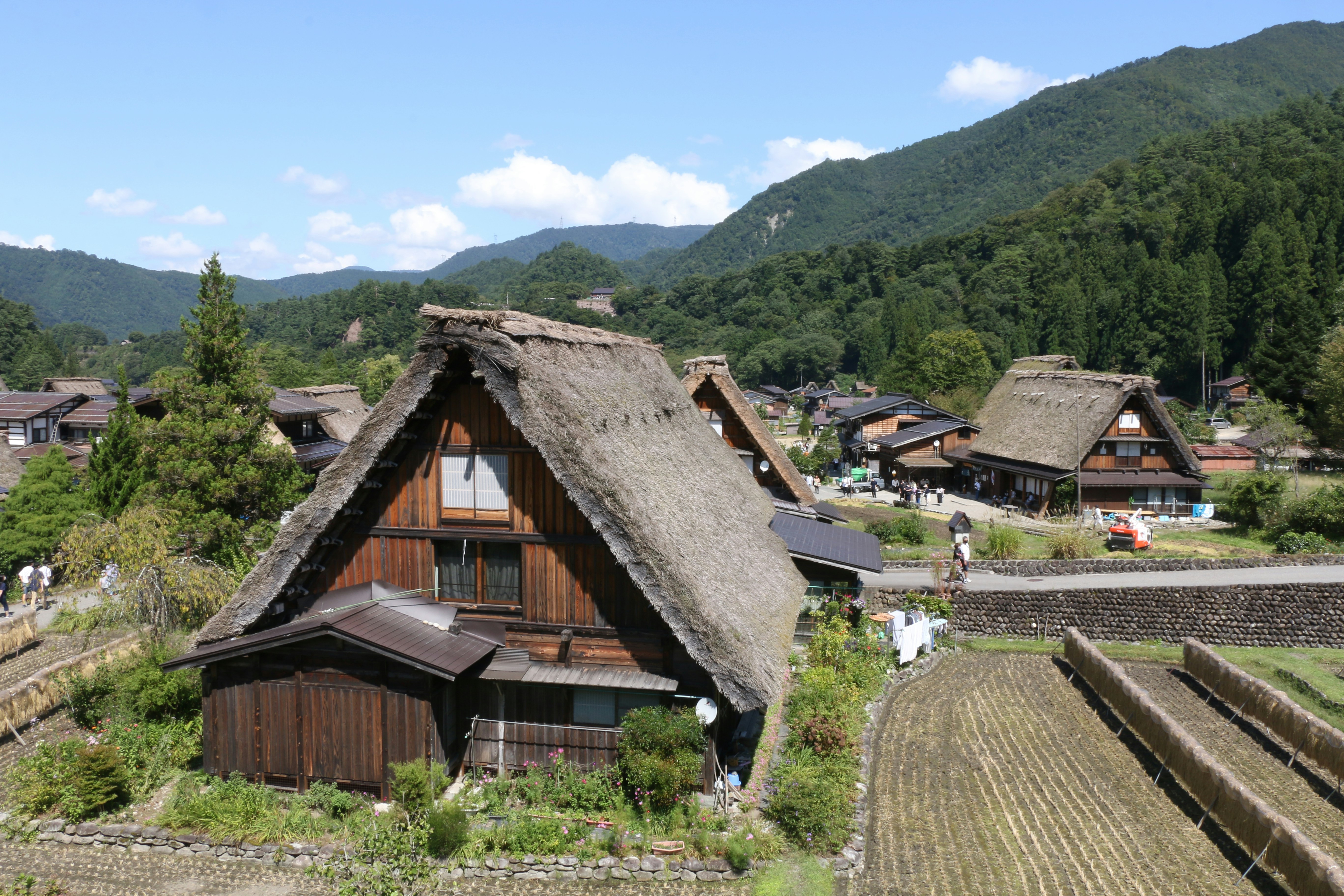 Traditional thatched roof houses in Japanese mountain village