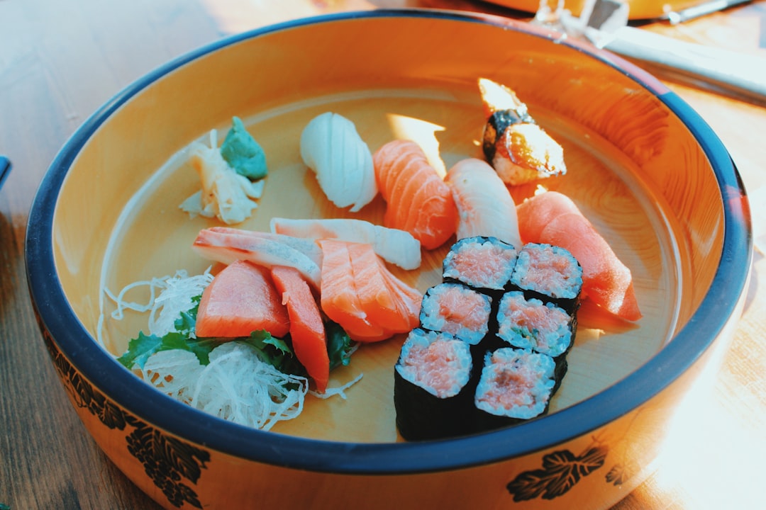 sushi on blue ceramic bowl