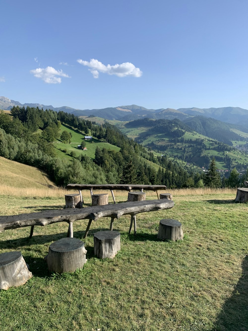 brown wooden bench on green grass field near green mountains during daytime