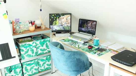 A cozy workstation is set up in a bright room with a blue velvet chair and a desk featuring a desktop monitor, a laptop, and a variety of office supplies. The desktop wallpaper displays a cat. There are tropical-themed storage bins under the desk and some decorative items, like a reed diffuser and a mug, on the desk.