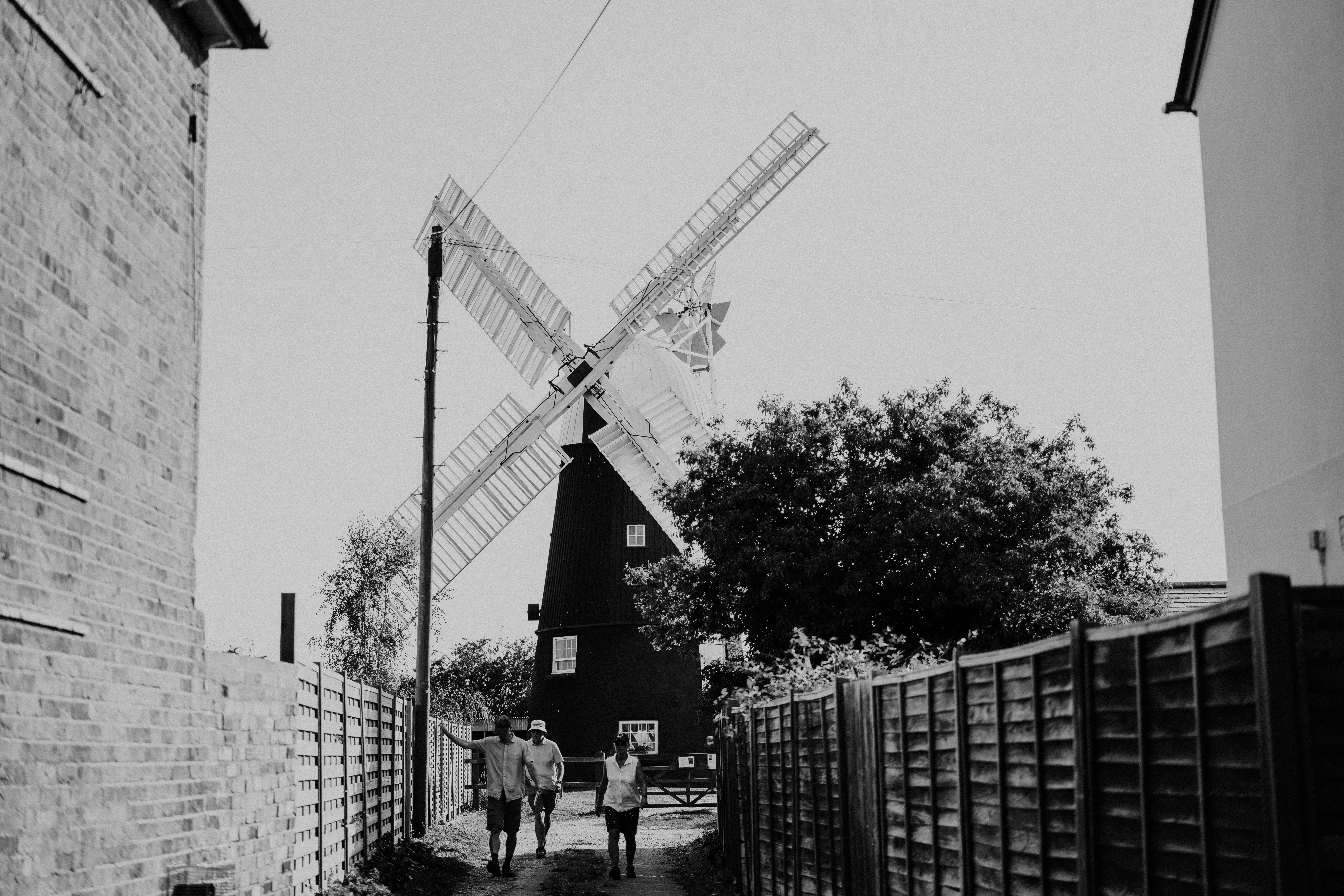 grayscale photo of windmill near trees