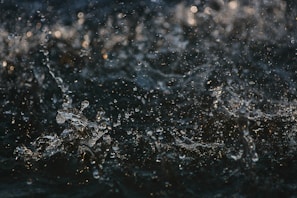 Water droplets splash and dance in motion, creating chaotic yet beautiful patterns against a dark backdrop.