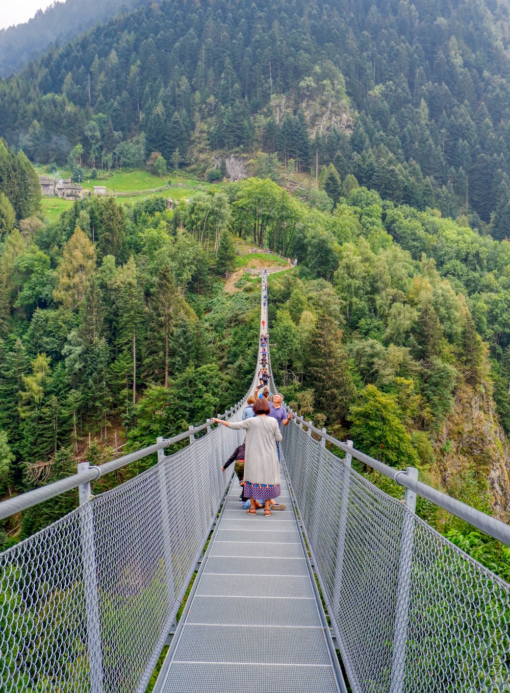 Personas caminando por un puente colgante sobre árboles verdes durante el día