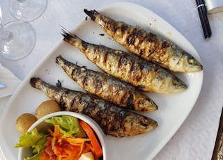 grilled fish with vegetable salad on white ceramic plate